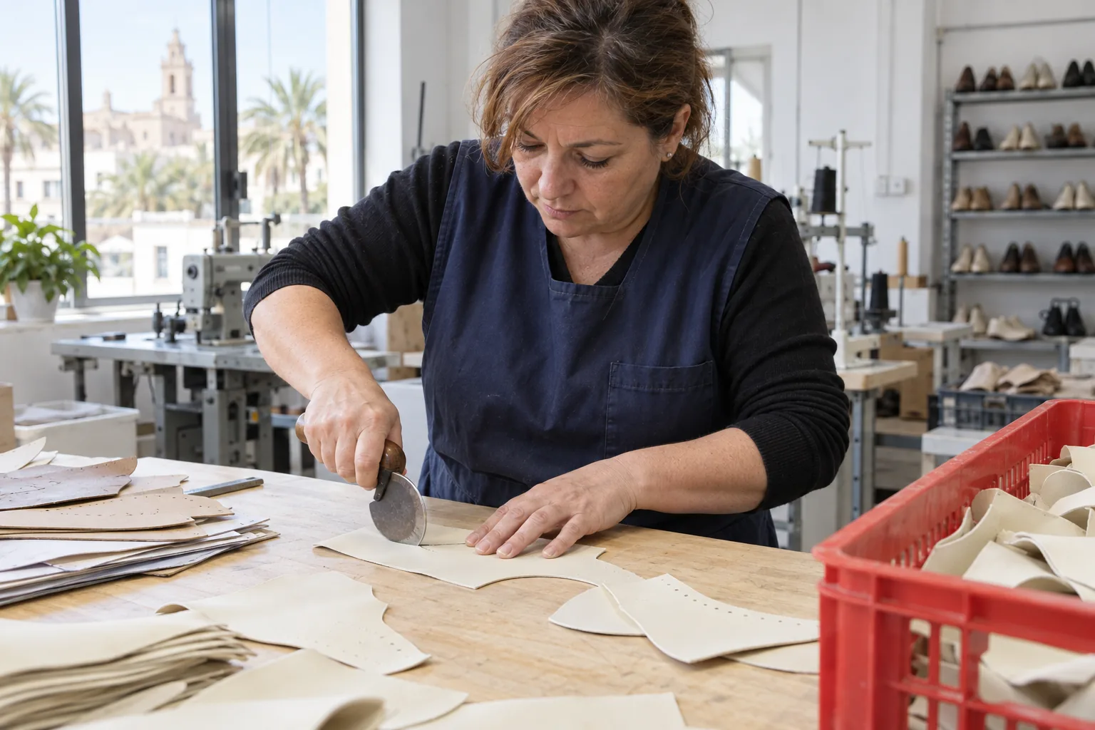 A craftswoman cutting cream leather upper panels with a round knife