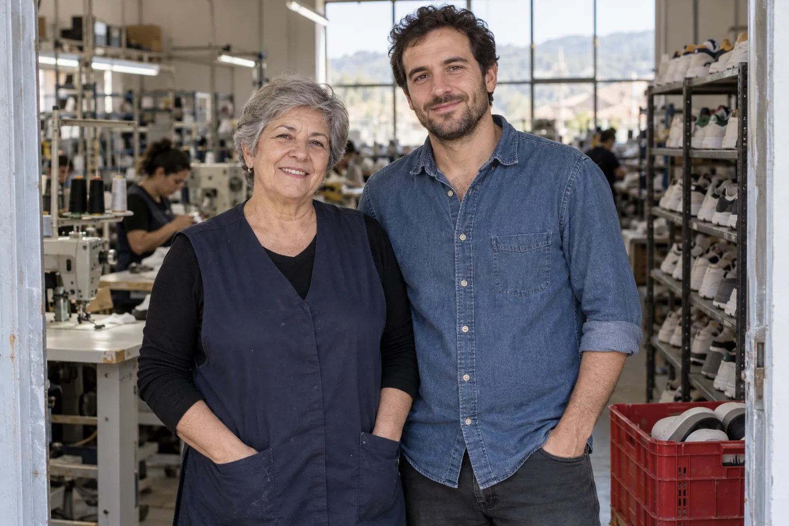 Carmen and Javi, the mother and son who run our first factory, in the doorway of the stitching room