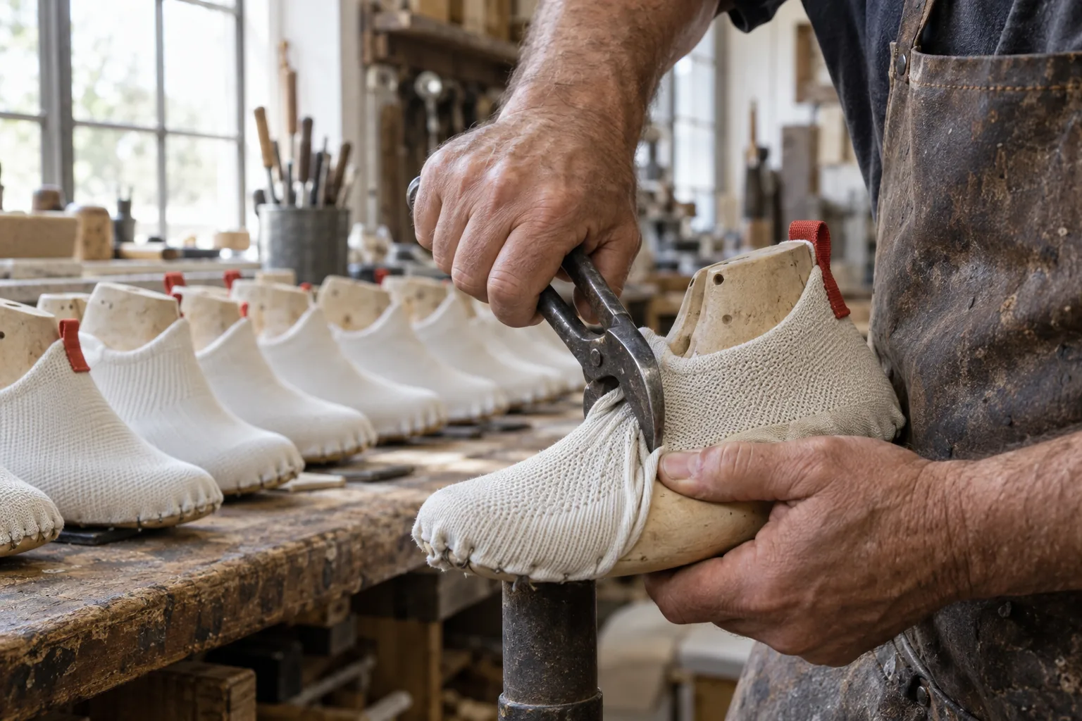 An upper being lasted by hand at our factory in Elche