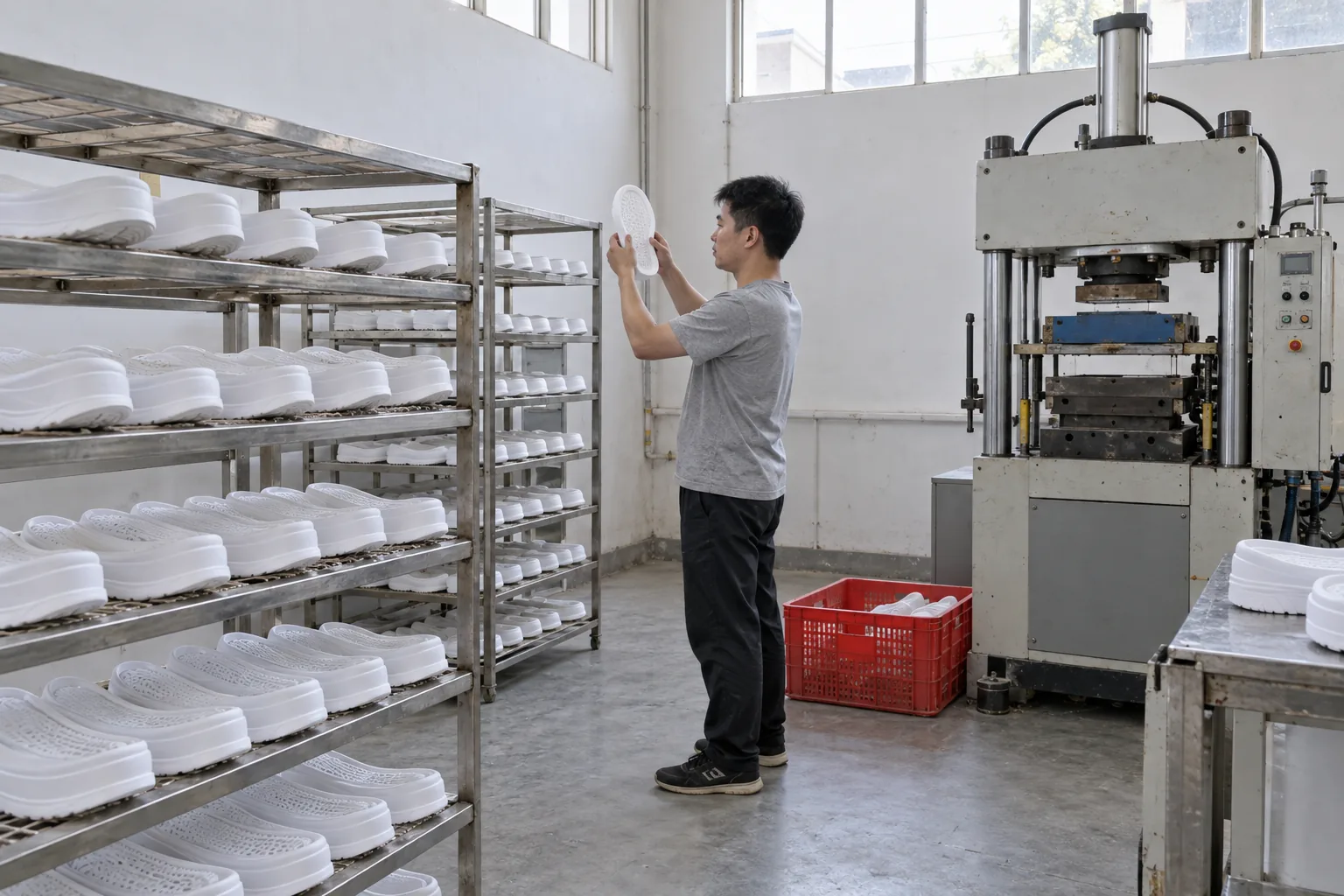 White foam soles cooling on steel racks beside a sole press