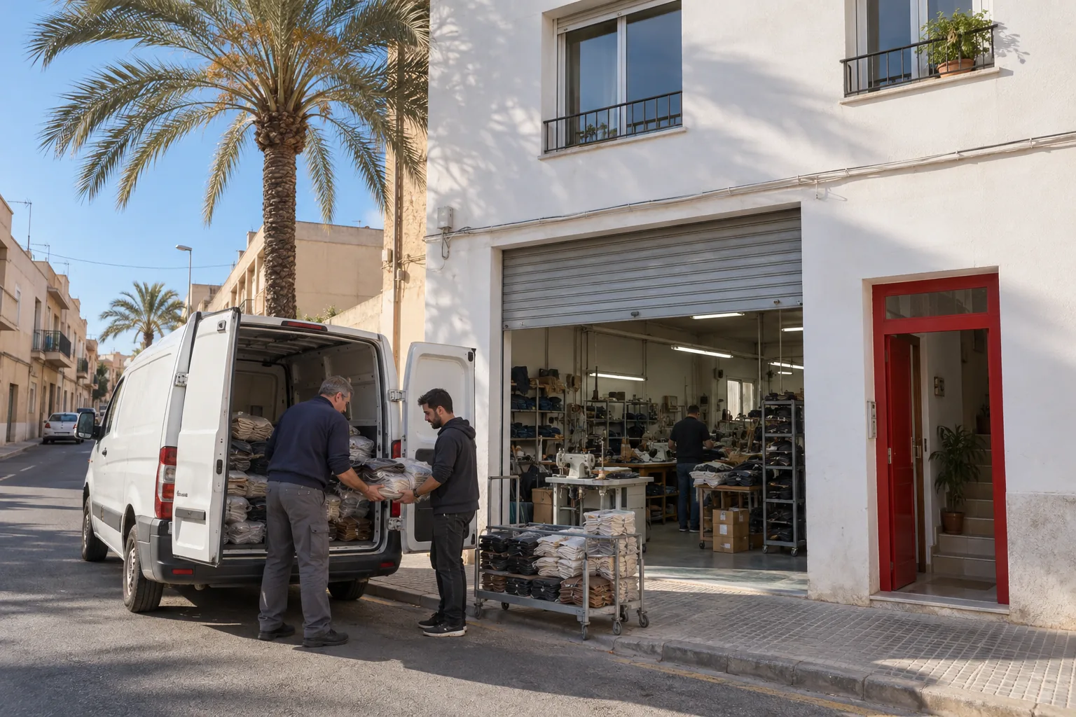 The street outside our first factory in Elche, a van loading bundles of uppers