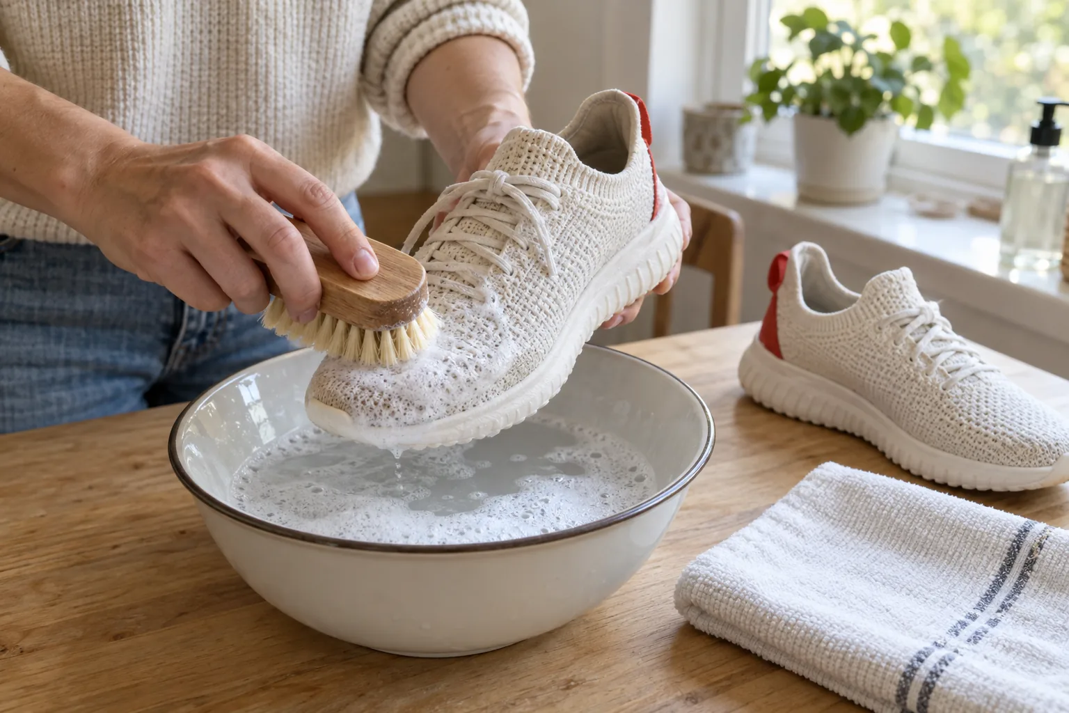 Hands cleaning a knit sneaker with a soft brush over a bowl of soapy water