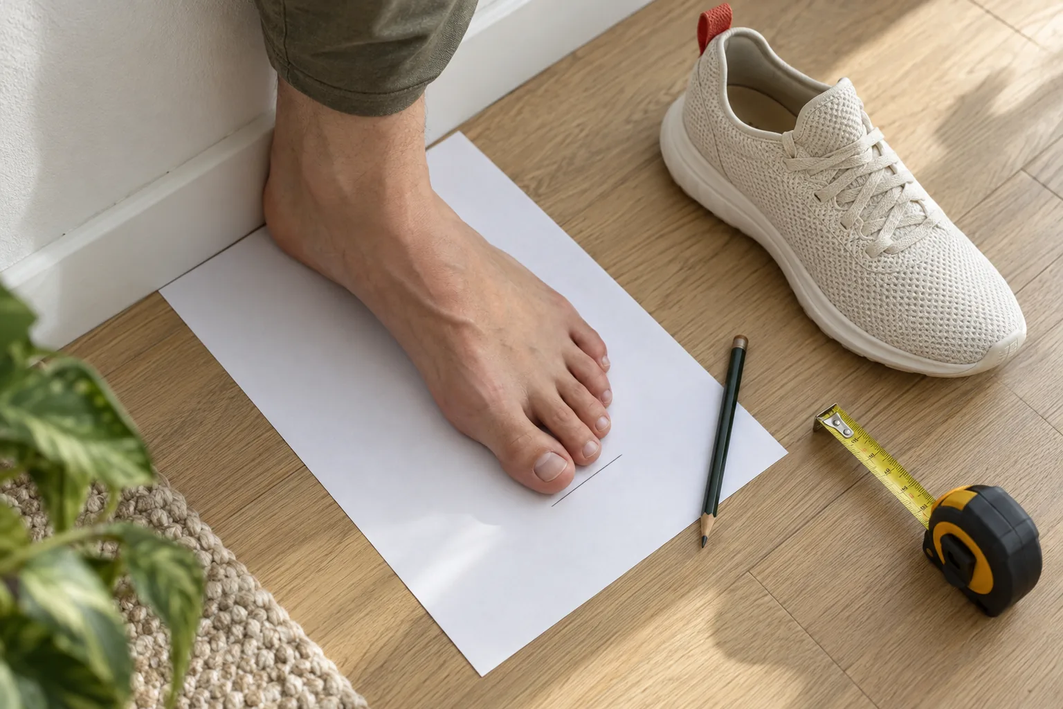 A bare foot on a sheet of paper against a wall, a pencil mark at the longest toe