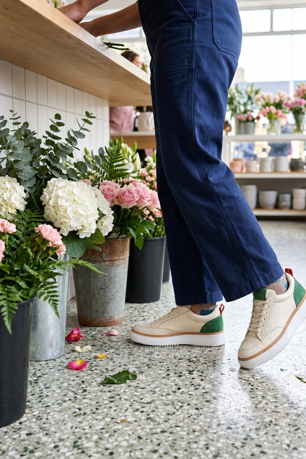 Court 78 in Cream / Forest behind a flower shop counter