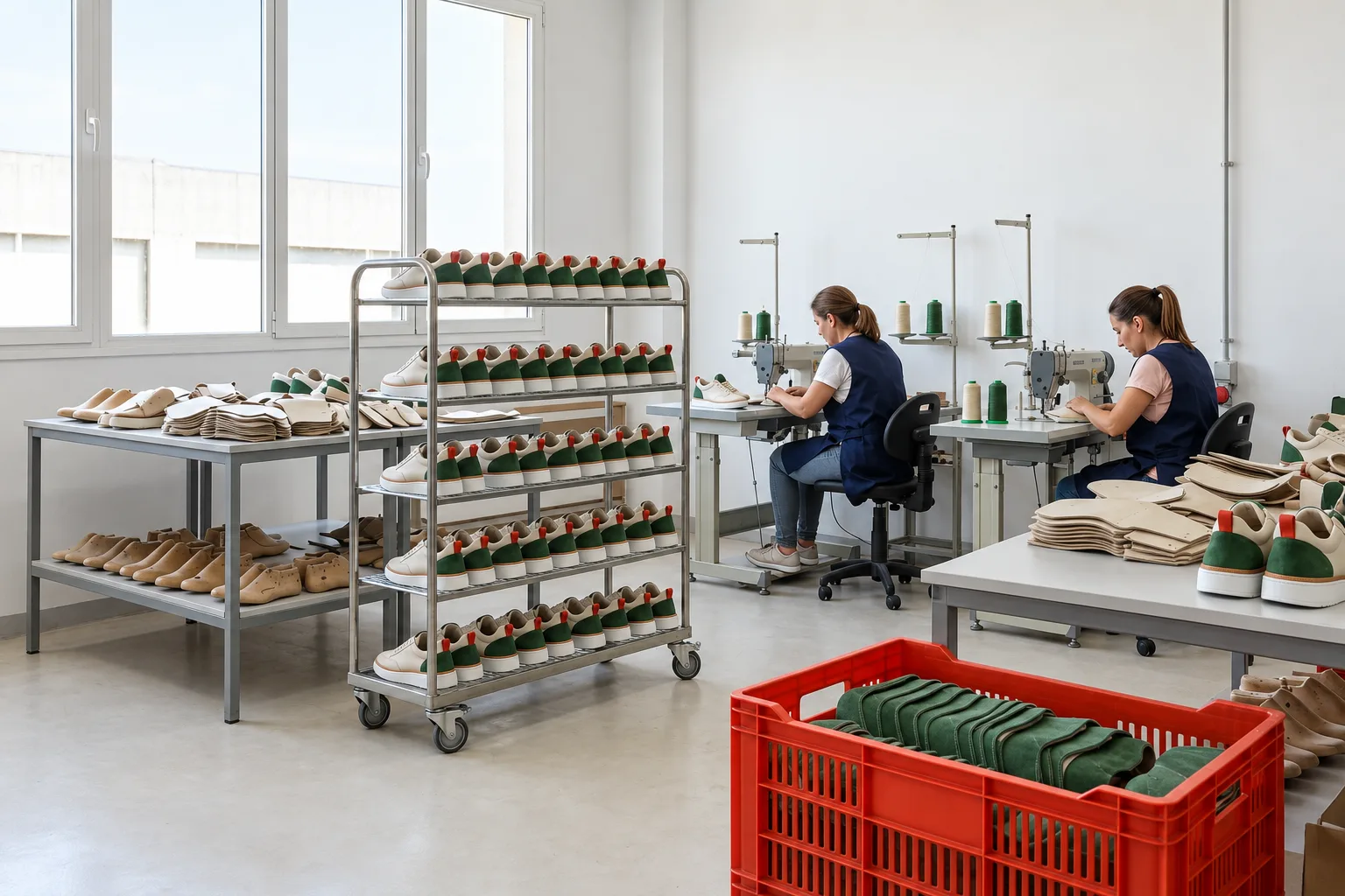The stitching room at our factory in Elche: finished Court 78s on racks, two stitchers at their machines