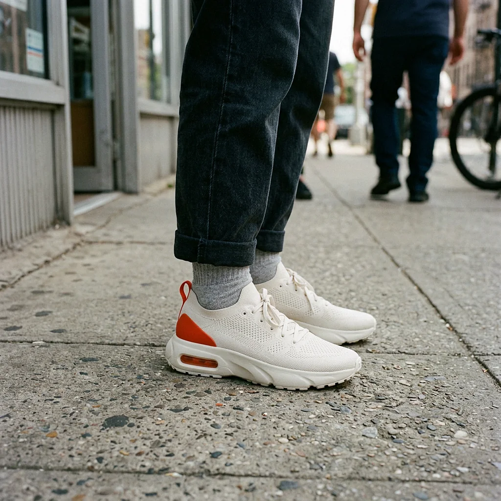 City Knit in Chalk / Tomato, being worn