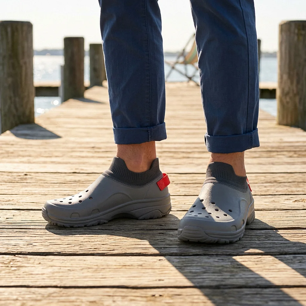 Float Knit in Grey, being worn
