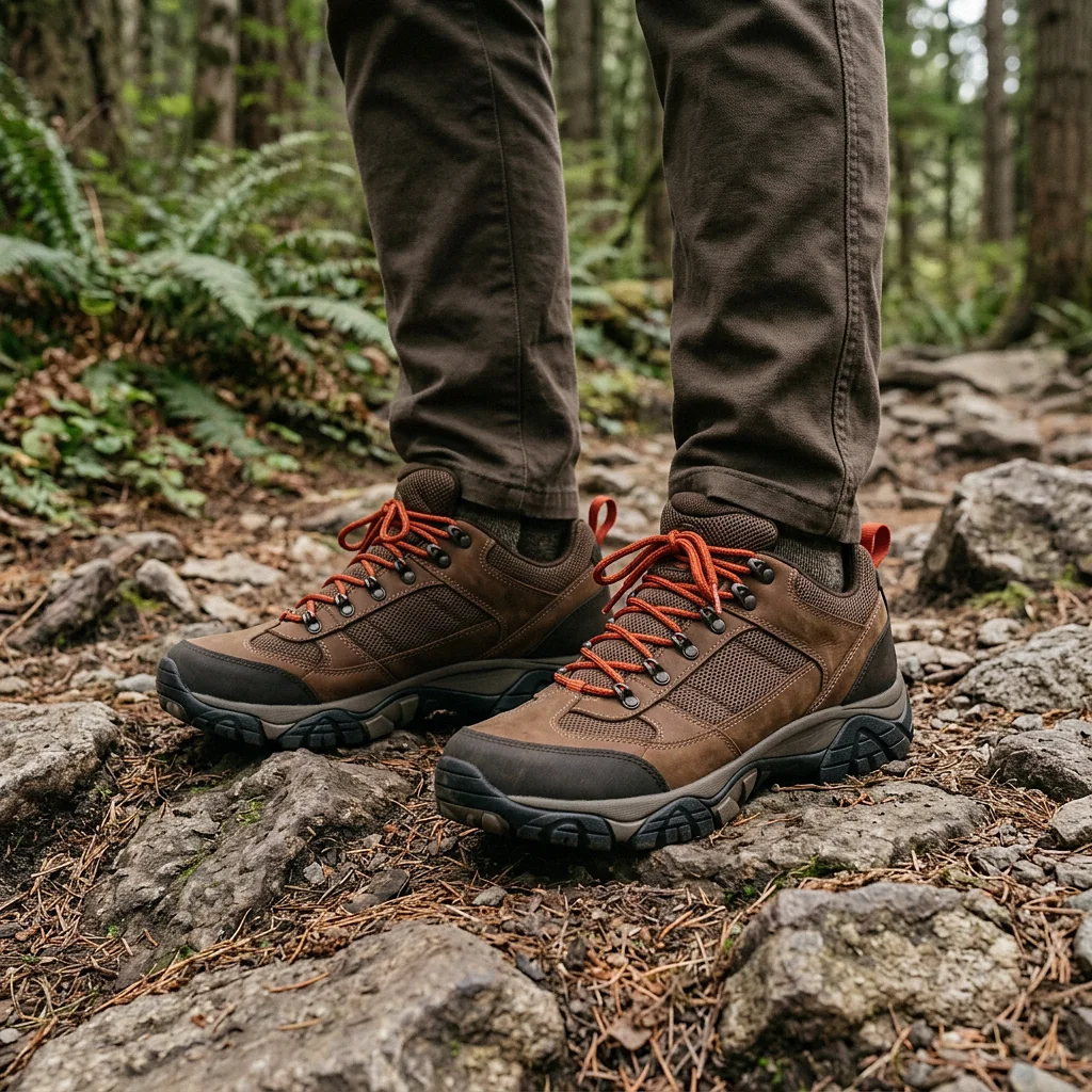 Hiker in Brown / Orange, being worn
