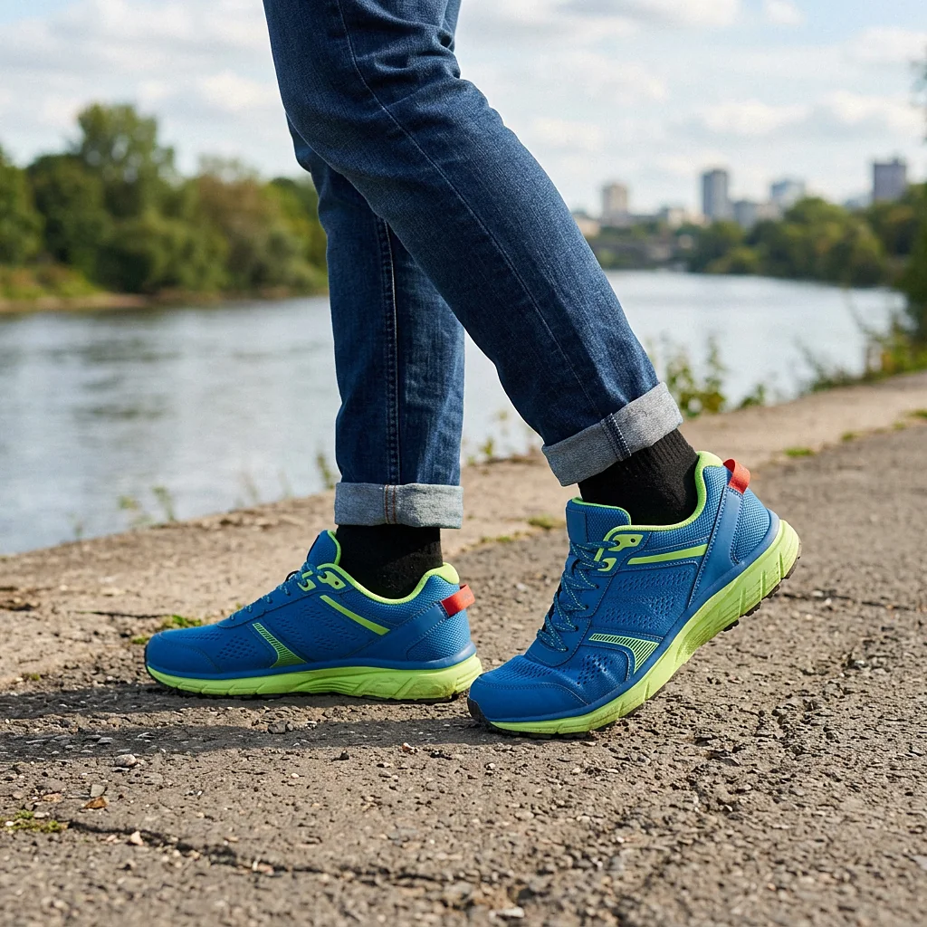 Stride in Blue / Lime, being worn