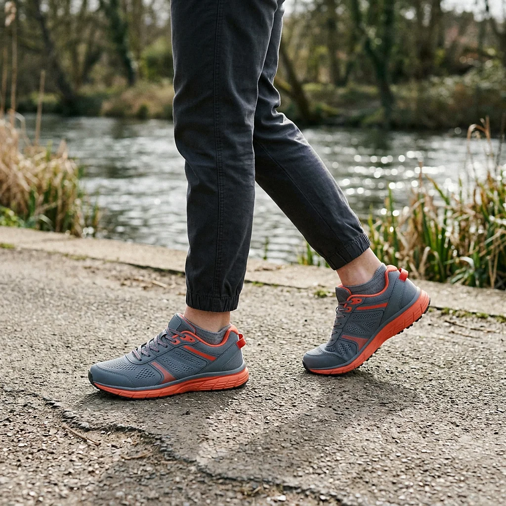 Stride in Grey / Tomato, being worn
