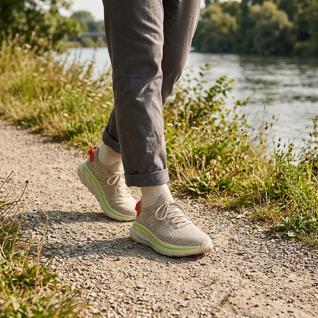 Tempo Knit in Sand / Lime, being worn