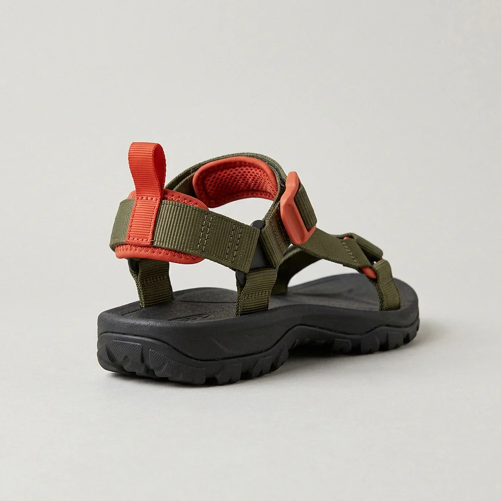 Trail Sandal in Olive / Orange, from the heel