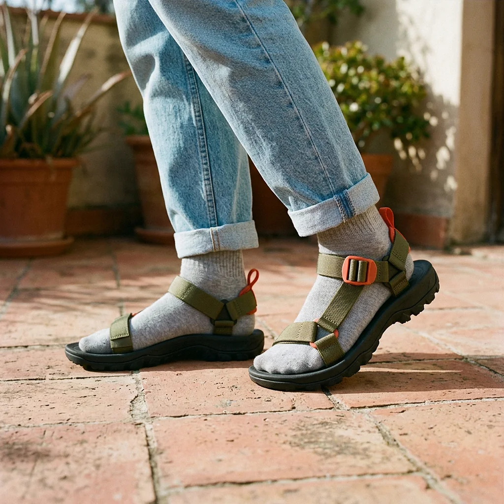Trail Sandal in Olive / Orange, being worn